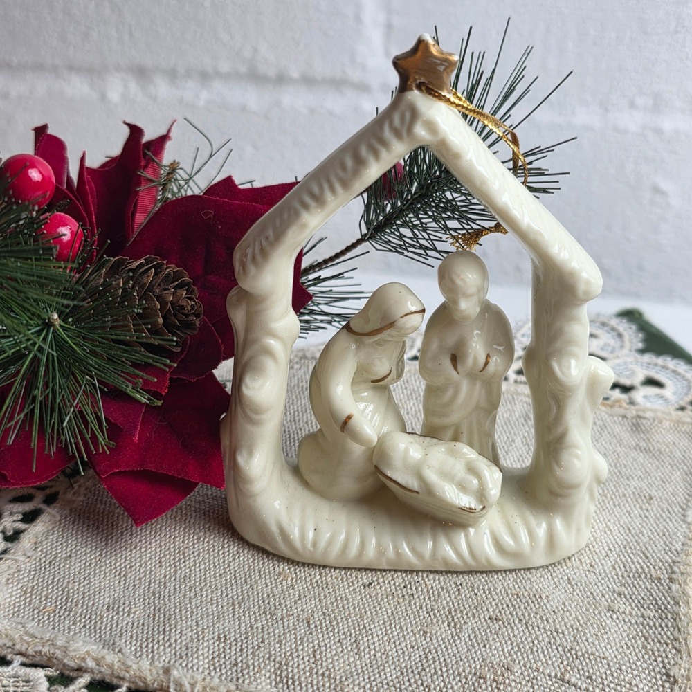 Vintage White Porcelain Nativity Scene Ornament Gold Trim Holy Family Stable